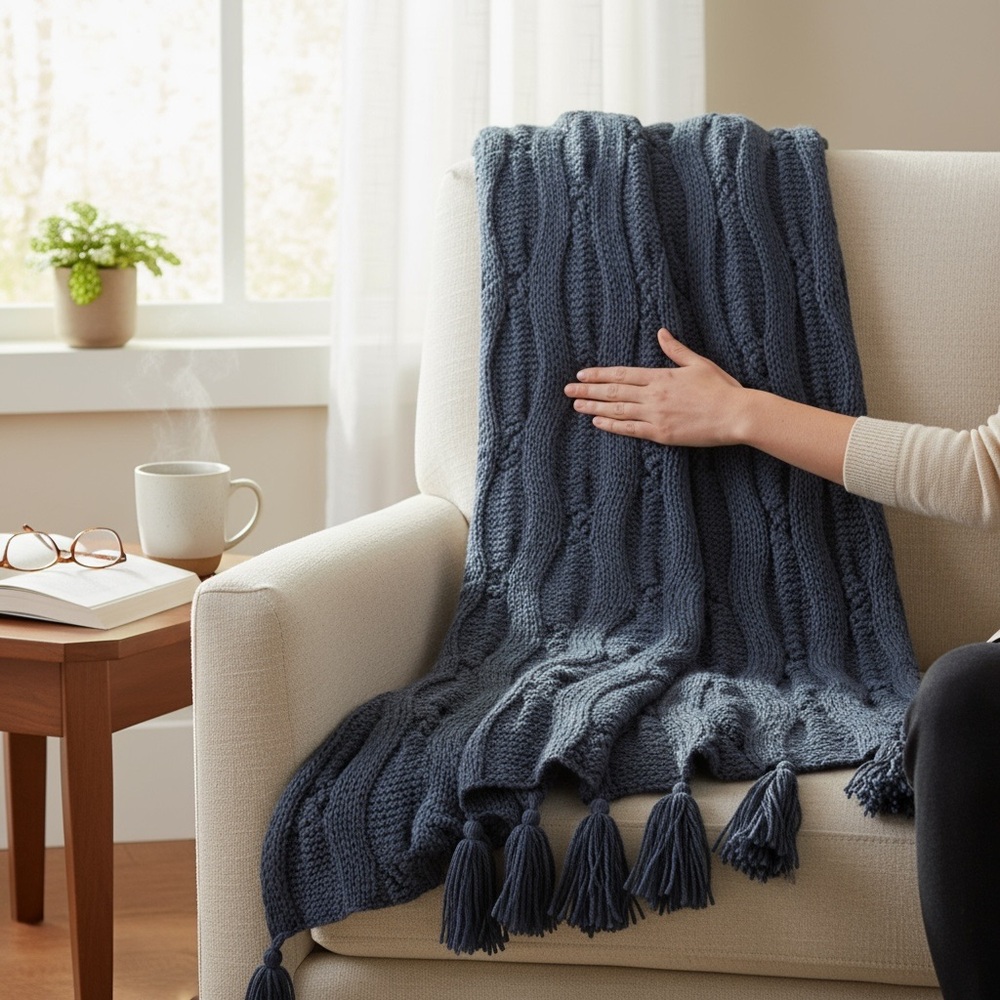 Pottery Barn Navy Blue Giant Tasseled Knit Blanket